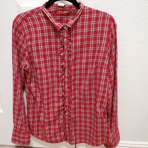 J Crew Flannel Snap Tartan Shirt Ruffle Placket L